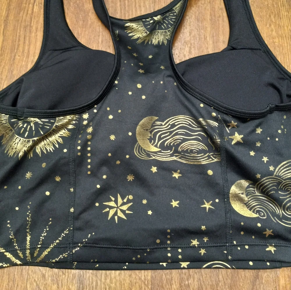 Xersion Black Sports Bra with Gold Celestial Print
